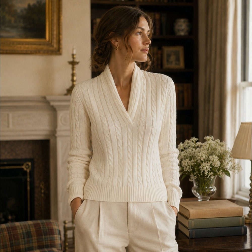 Lauren Ralph Lauren Cream Cable Knit Cotton V-Neck Sweater Large Vintage Preppy